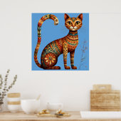 Boho Stam Cat Schattige Volkskunst met Bloemen Poster (Keuken)