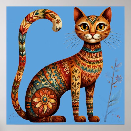 Boho Stam Cat Schattige Volkskunst met Bloemen Poster (Voorkant)