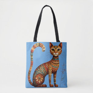 Boho Stam Cat Schattige Volkskunst met Bloemen Tote Bag