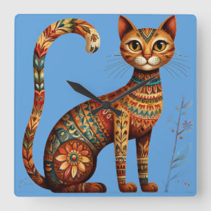 Boho Stam Cat Schattige Volkskunst met Bloemen Vierkante Klok