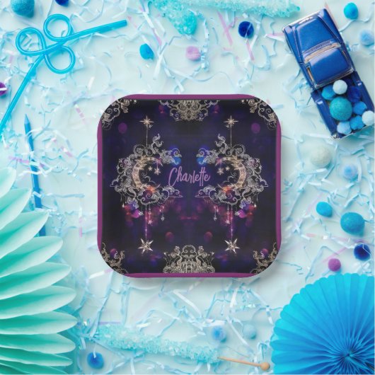 Boho Stars & Moon Paarse Naam toevoegen Verjaardag Papieren Bordje (Feest)