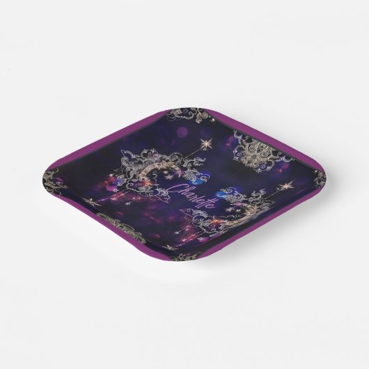 Boho Stars & Moon Paarse Naam toevoegen Verjaardag Papieren Bordje (Gebogen)