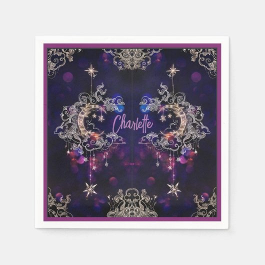 Boho Stars & Moon Paarse Naam toevoegen Verjaardag Servet (Voorkant)