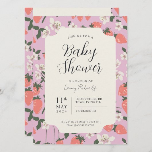 Boho Stawberry Bloemen Baby shower Uitnodiging (Voorkant / Achterkant)