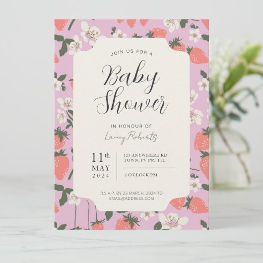 Boho Stawberry Bloemen Baby shower Uitnodiging (Staand voorkant)
