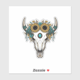 Boho Stier Schedel Zonnebloem Vintage Western Grav Sticker