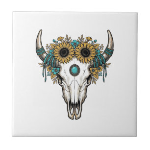 Boho Stier Schedel Zonnebloem Vintage Western Grav Tegeltje