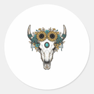 Boho Stier Schedel Zonnebloem Vintage Westerse Gra Ronde Sticker