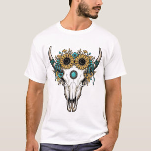 Boho Stier Schedel Zonnebloem Vintage Westerse Gra T-shirt