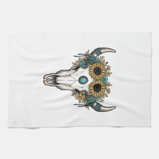 Boho Stier Schedel Zonnebloem Vintage Westerse Gra Theedoek (Horizontaal)