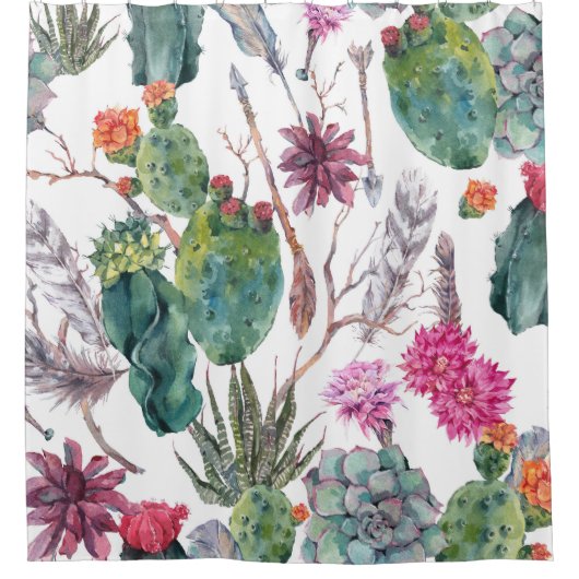 Boho stijl, cactus Waterverf. Douchegordijn (Voorkant)