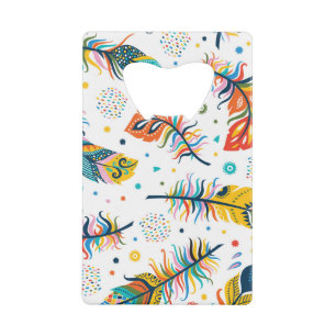 Boho-stijl, naadloos veerpatroon. creditkaart flessenopener