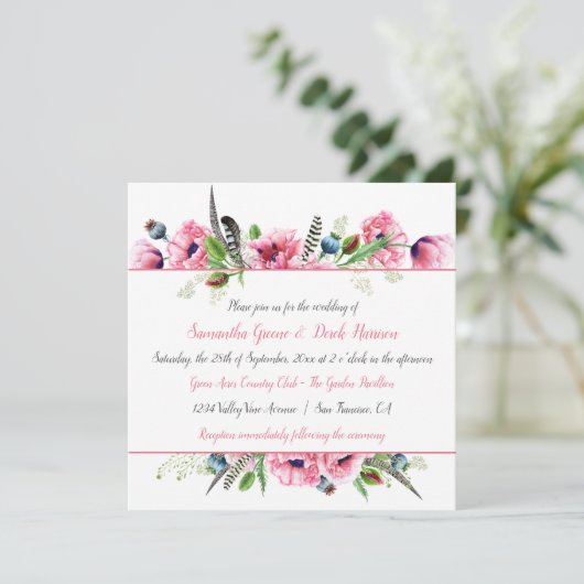 Boho stijl roze klaprozen veren groen bruiloft kaart (Staand voorkant)