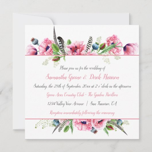 Boho stijl roze klaprozen veren groen bruiloft kaart (Voorkant)