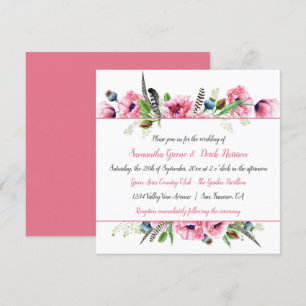 Boho stijl roze klaprozen veren groen bruiloft kaart