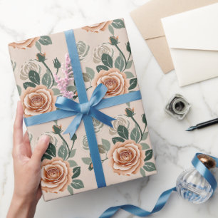 Boho stijl rozen in pastel oranje en salie groen cadeaupapier