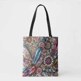 Boho stijl veren en bloemen in een vrije geest tote bag