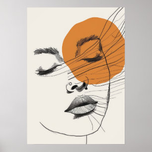 Boho stijl Vrouw gezicht zon, Lijn Kunst Poster