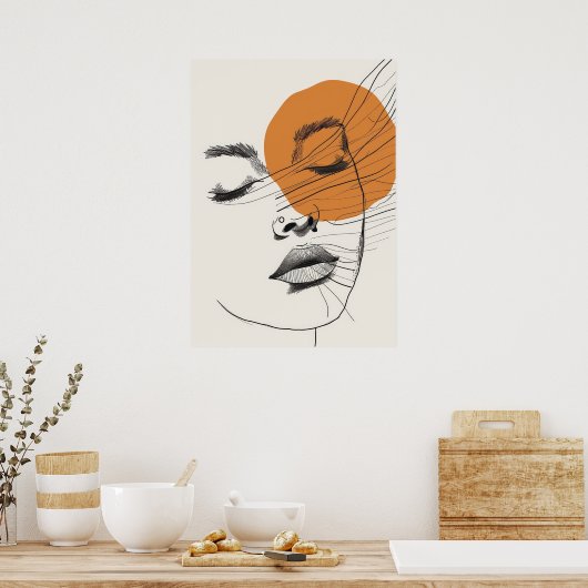 Boho stijl Vrouw gezicht zon, Line Art Poster (Keuken)