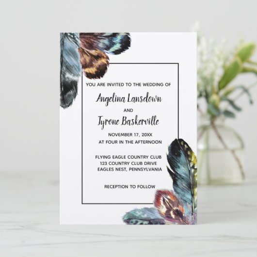 Boho stijl Waterverf veren aangepaste bruiloft Kaart (Staand voorkant)