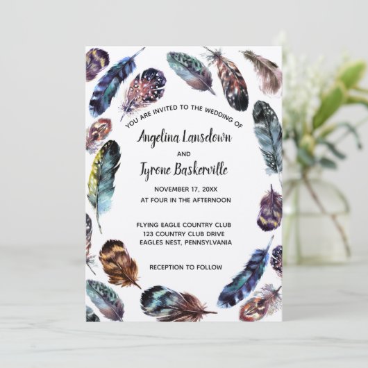 Boho stijl Waterverf veren aangepaste bruiloft Kaart (Staand voorkant)