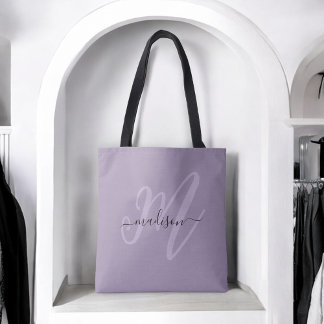 Boho Stijlvol Script Monogram en Naam in het Paars Tote Bag