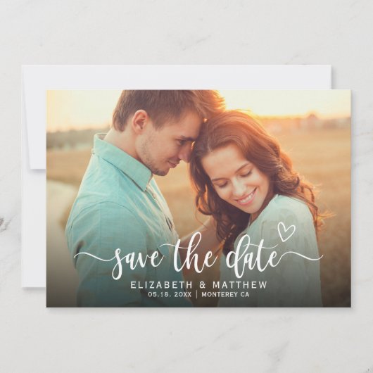 Boho Stijlvolle Heart Script Een foto bruiloft Save The Date (Voorkant)