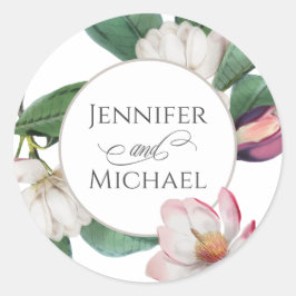 Boho Stijlvolle Magnolia Bloemen Bruid en Bruidego Ronde Sticker