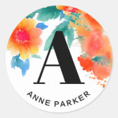 Boho Stijlvolle Waterverf Bloemennaam Monogram Ronde Sticker (Voorkant)