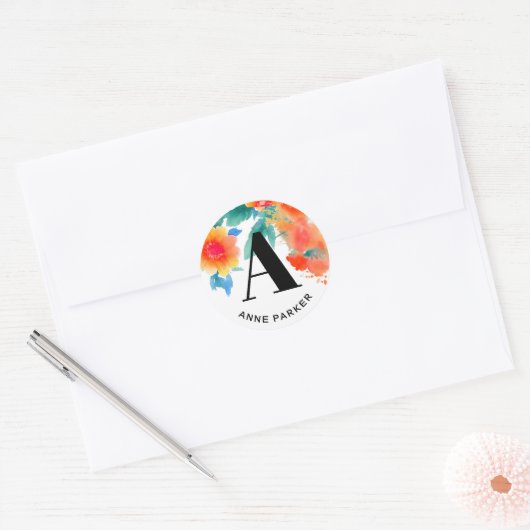 Boho Stijlvolle Waterverf Bloemennaam Monogram Ronde Sticker (Envelop)