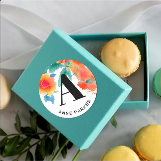 Boho Stijlvolle Waterverf Bloemennaam Monogram Ronde Sticker