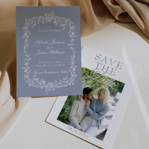 Boho Stof Blauw Bloem Botanisch Foto Bruiloft Save The Date