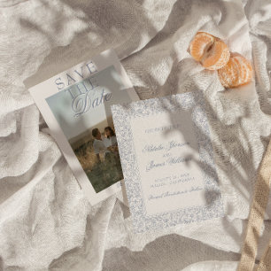 Boho Stof Blauw Bloem Botanische Foto Bruiloft Save The Date
