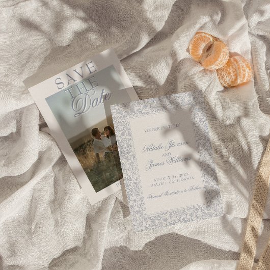 Boho Stof Blauw Bloem Botanische Foto Bruiloft Save The Date
