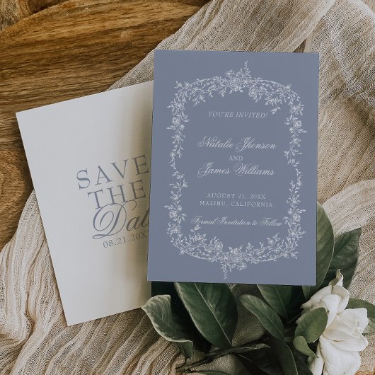 Boho Stof Blauw Bloem Botanische Trouw Save The Date