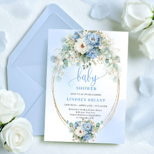 Boho Stof Blauw Bloemen Eucalyptus Goud Baby Showe Kaart