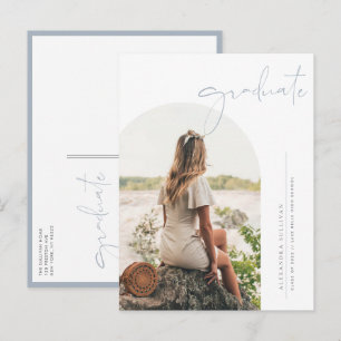 Boho Stof Blauw Minimalistische Boog Foto Afstuder Uitnodiging Briefkaart