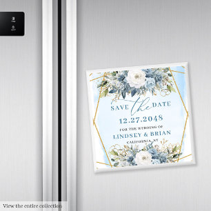 Boho Stof Blauw Witte Pioen Bloemen Bewaar de Datu Magneet