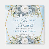 Boho Stof Blauw Witte Pioen Bloemen Bewaar de Datu Magneet (Voorkant)