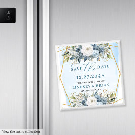 Boho Stof Blauw Witte Pioen Bloemen Save the Date Magneet