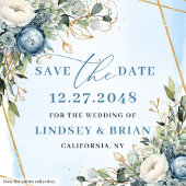 Boho Stof Blauw Witte Pioen Bloemen Save the Date Magneet
