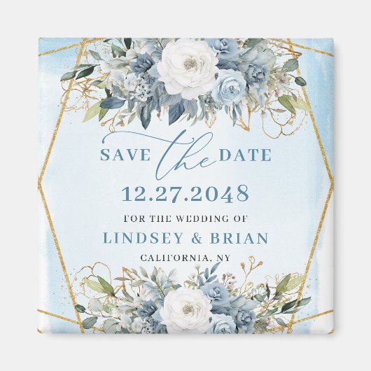 Boho Stof Blauw Witte Pioen Bloemen Save the Date Magneet (Voorkant)