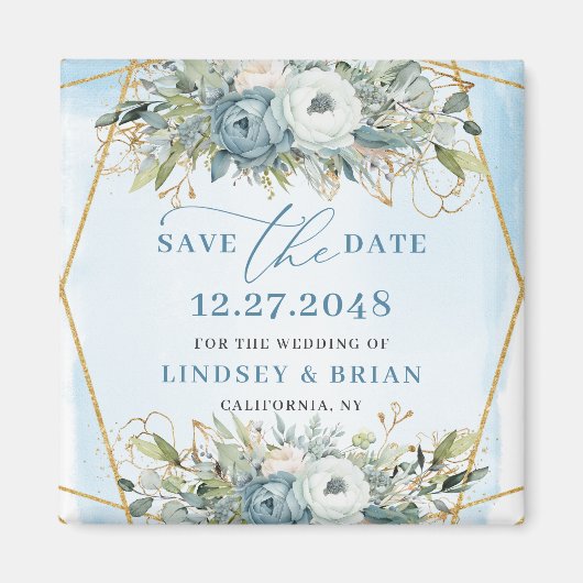 Boho Stof Blauw Witte Pioen Bloemige Save the Date Magneet (Voorkant)