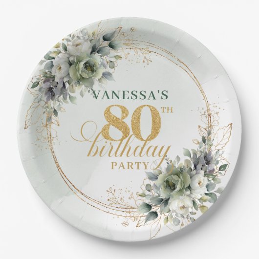 Boho Stof Groen Eucalyptus 80ste Verjaardagsfeest Papieren Bordje (Voorkant)