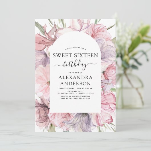 Boho Stof Paars Sweet 16 Verjaardag Bloem Kaart (Staand voorkant)
