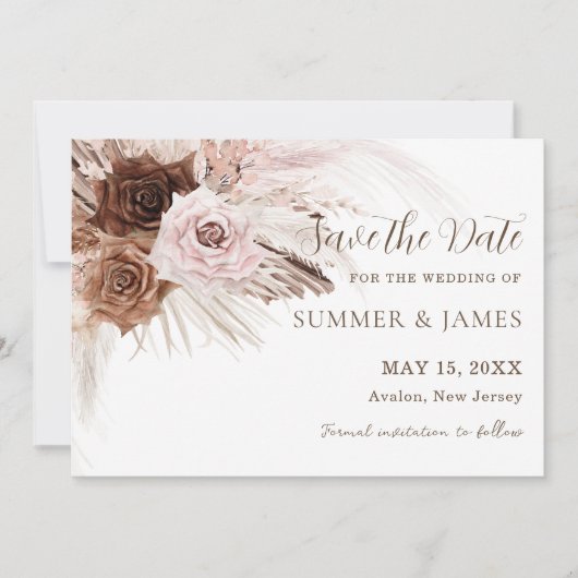 Boho Stof Pink Bruine Bloemige Pampas Gras Bruilof Save The Date (Voorkant)