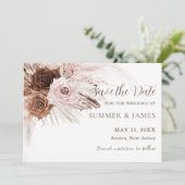 Boho Stof Pink Bruine Bloemige Pampas Gras Bruilof Save The Date (Staand voorkant)