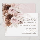 Boho Stof Pink Bruine Bloemige Pampas Gras Bruilof Save The Date (Voorkant / Achterkant)