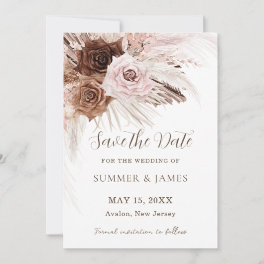 Boho Stof Pink Bruine Bloemstuk Pampas Gras Bruilo Save The Date (Voorkant)