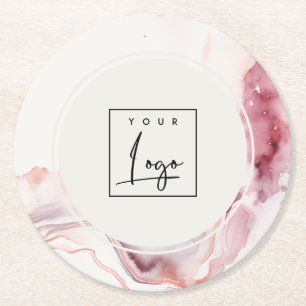 Boho Stof Pink Rode Waterverf Agate Logo Ronde Kartonnen Onderzetter